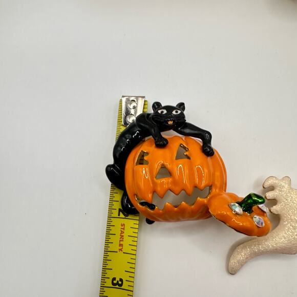 Kirks Folly Halloween Brooches Black Cat with Jack O Lantern & Ghost Festive - Picture 6 of 15